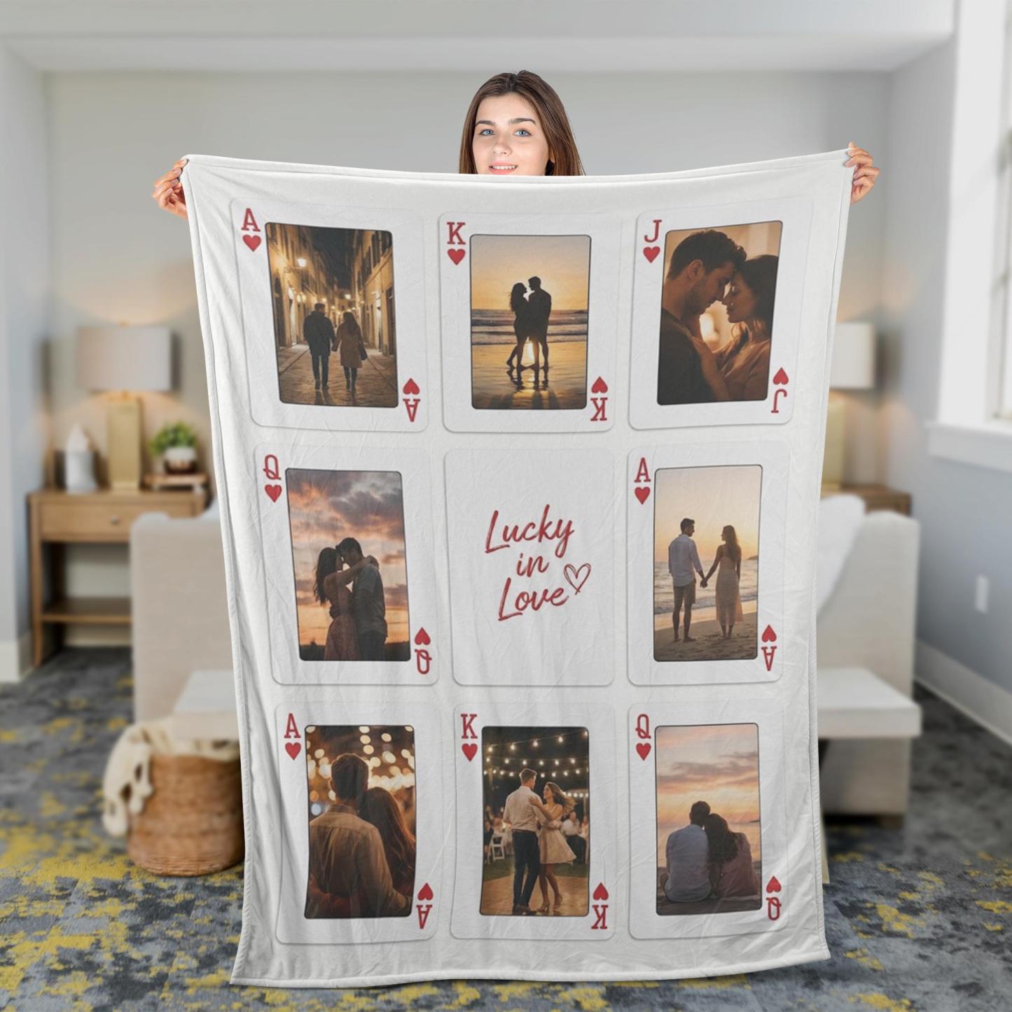 Personalized Playing Cards Fleece Blanket: Custom Photo Red Rose Valentine's Day Anniversary Gift - auphotoblanket
