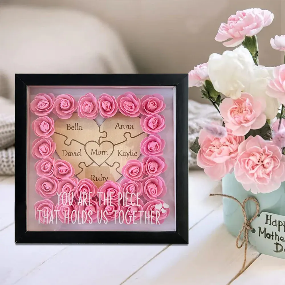 Personalised Puzzle Piece Mom Heart Shaped Flower Shadow LED Box - auphotoblanket