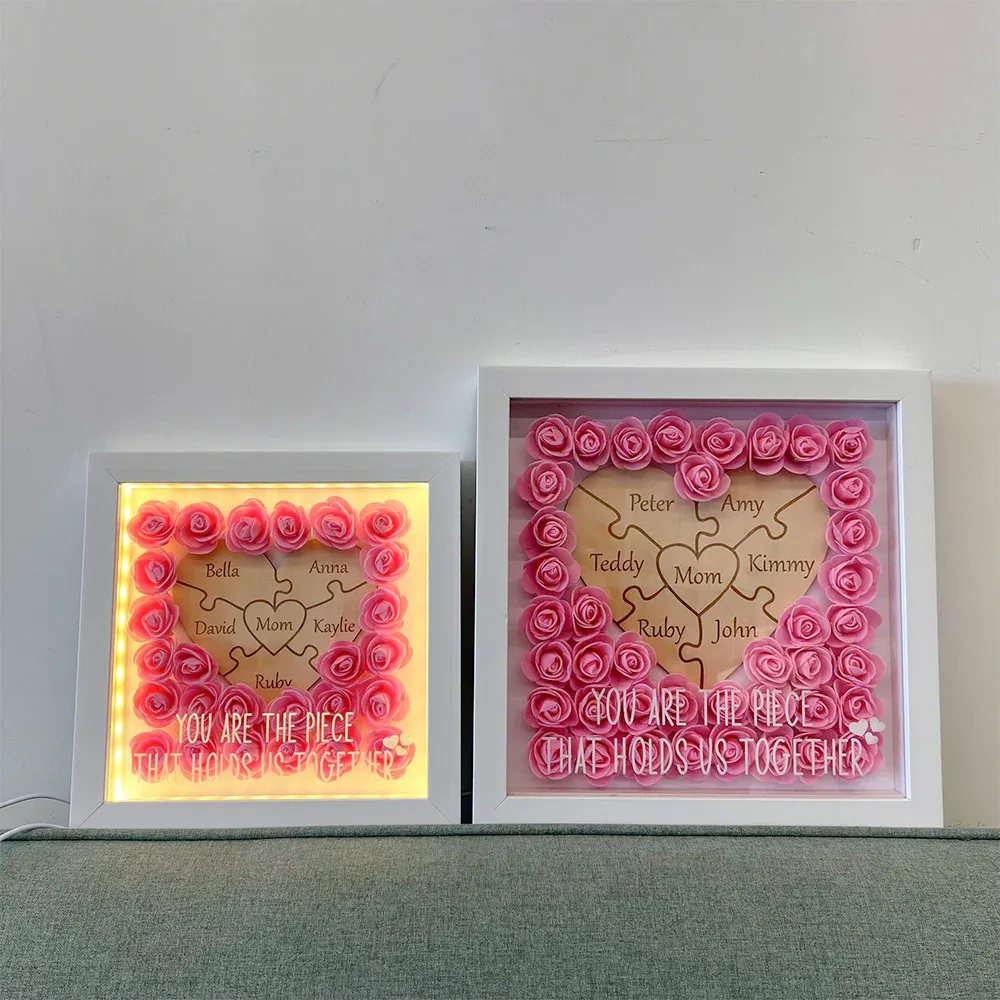 Personalised Puzzle Piece Mom Heart Shaped Flower Shadow LED Box - auphotoblanket