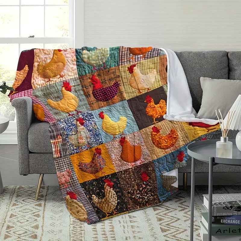 Retro Multicolor Chicken Flannel Blanket Digital Print Home DecorAll-Season Comfort Nap Blanket Farmhouse Style