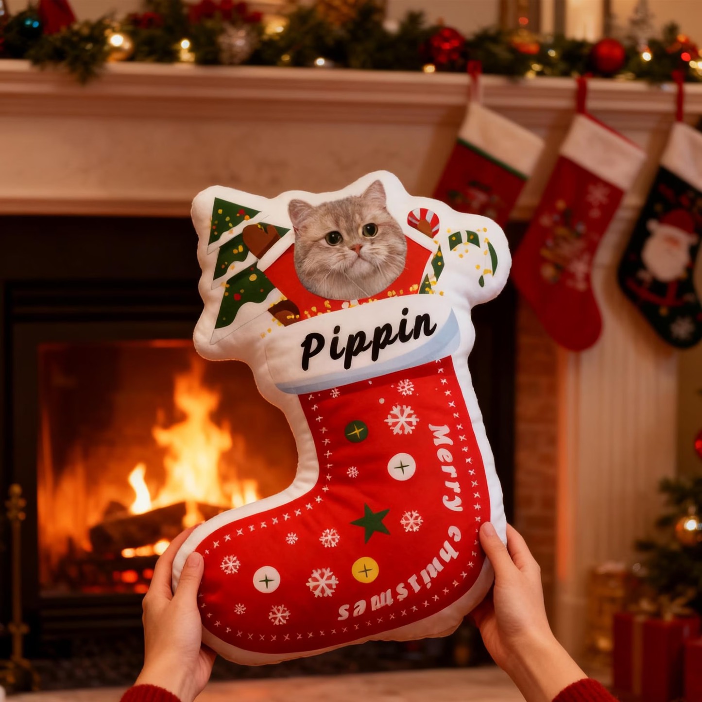 Custom Pet Christmas Stocking Pillow, Personalized Portrait & Name, Pet Face Cushion - auphotoblanket