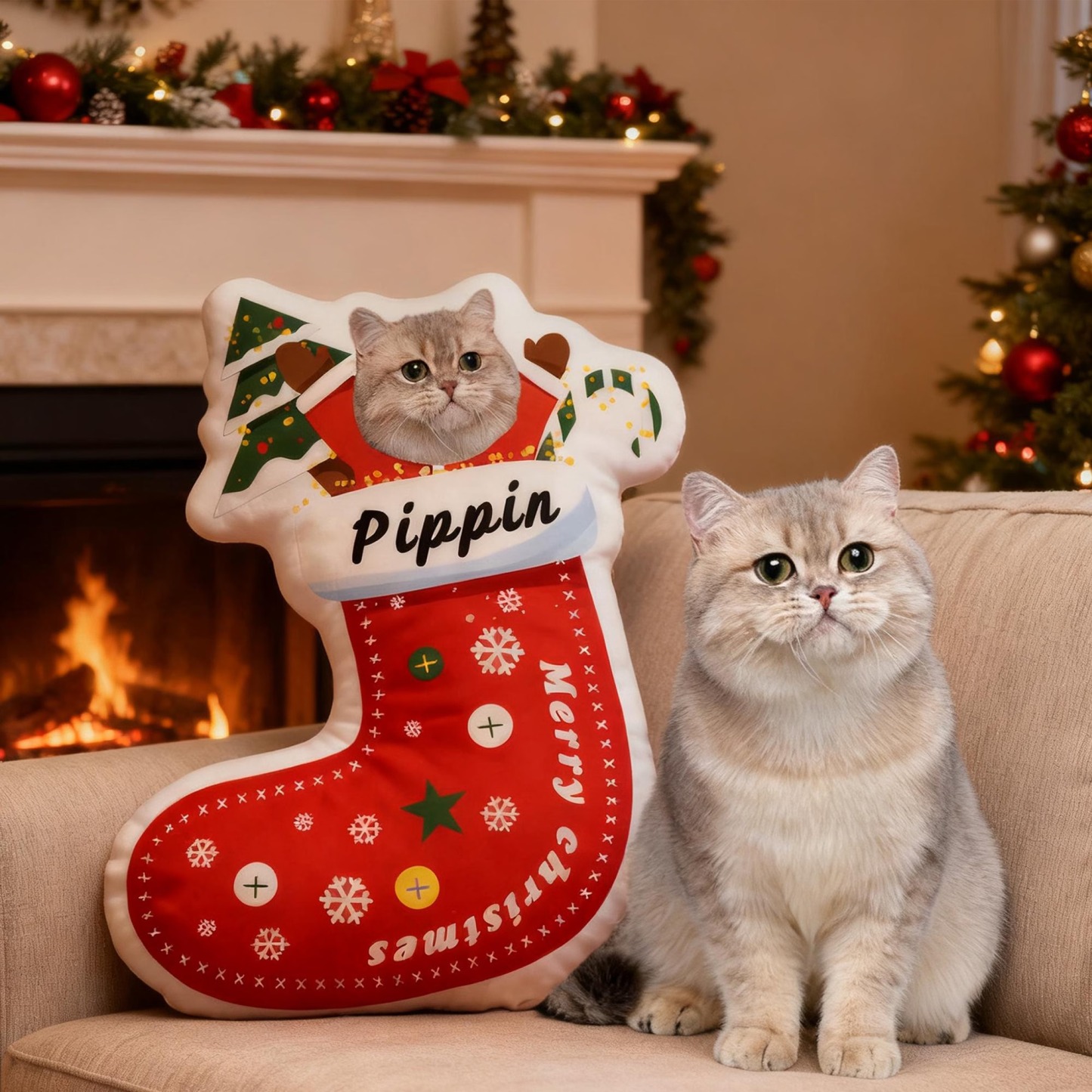 Custom Pet Christmas Stocking Pillow, Personalized Portrait & Name, Pet Face Cushion - auphotoblanket