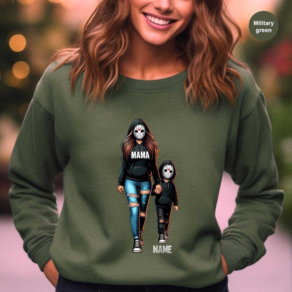 Halloween Horror Mama Custom Kids Name Sweatshirt, Custom Spooky Mama Hoodie, Family Spooky Season Sweaters, Killer Halloween Hooded - auphotoblanket