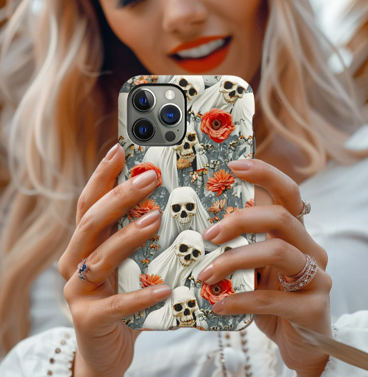 Floral Skull Phone Case, Halloween Cottagecore, iPhone, Pixel, Samsung