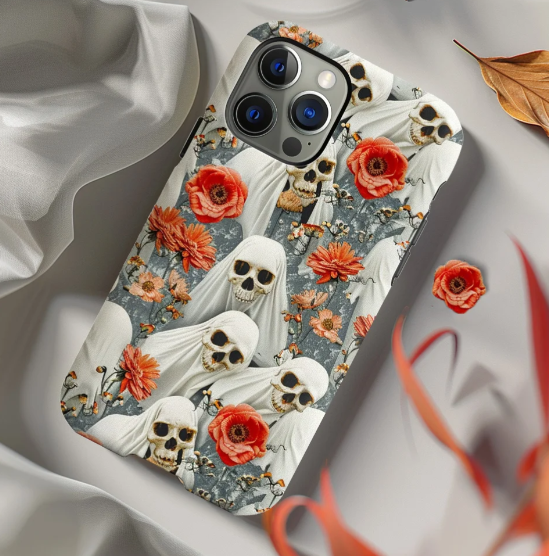 Floral Skull Phone Case, Halloween Cottagecore, iPhone, Pixel, Samsung