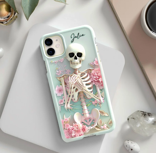Personalized Name Pink Floral Skull Phone Case, Embroidered Look Floral Charm Phone Cover, Halloween Cottagecore, iPhone, Pixel, Samsung