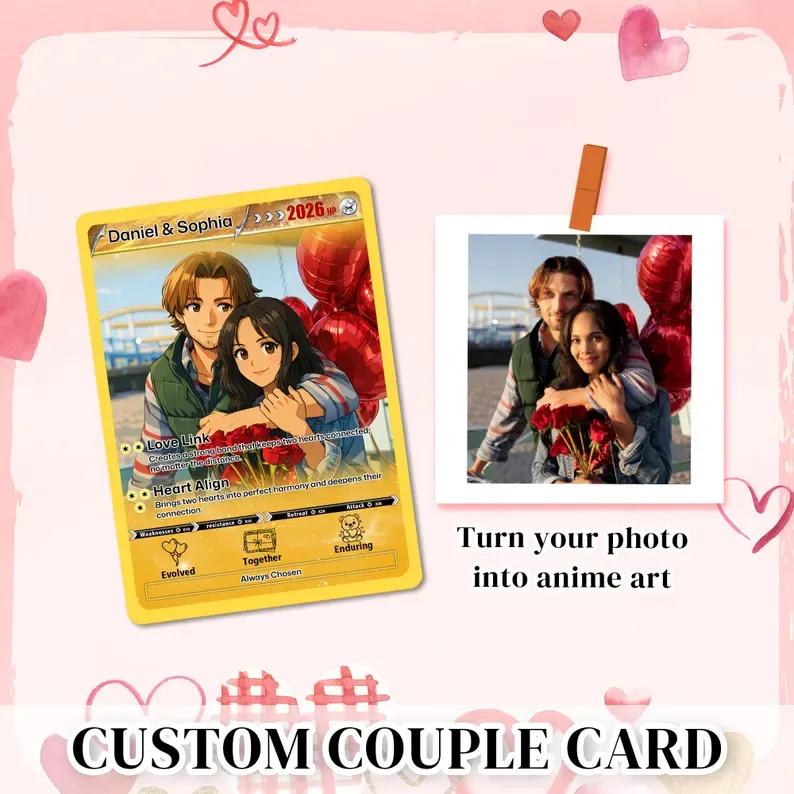 Personalized Valentine’s Day Power Couple Card, Custom Anniversary Card Couple Photo Anime Style, Best Valentine's Day Gift for Lover - auphotoblanket