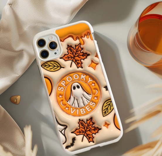 Spooky Vibes Ghost Phone Case with Autumn Leaves and Spooky Sign Design, iPhone, Pixel, Samsung