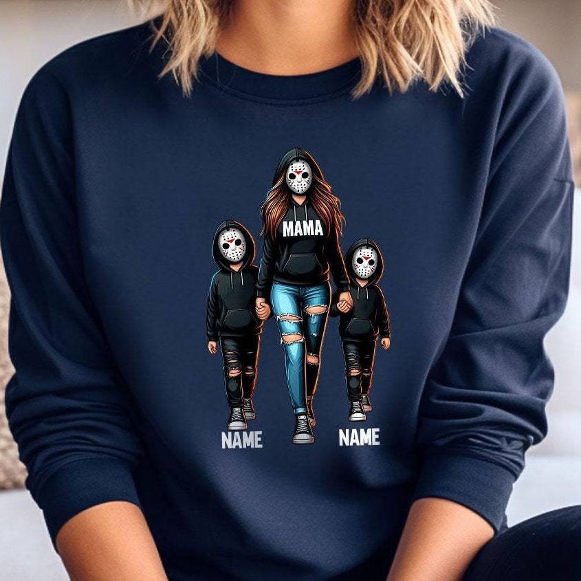 Halloween Horror Mama Custom Kids Name Sweatshirt, Custom Spooky Mama Hoodie, Family Spooky Season Sweaters, Killer Halloween Hooded - auphotoblanket