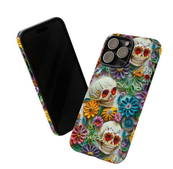 Paper Quilling Floral Skull Phone Case, 3D Faux Paper Gothic Art Design, iPhone 15 14 13 Pro Max Mini, Pixel 8 7, Samsung S24 S23 Plus Ultra