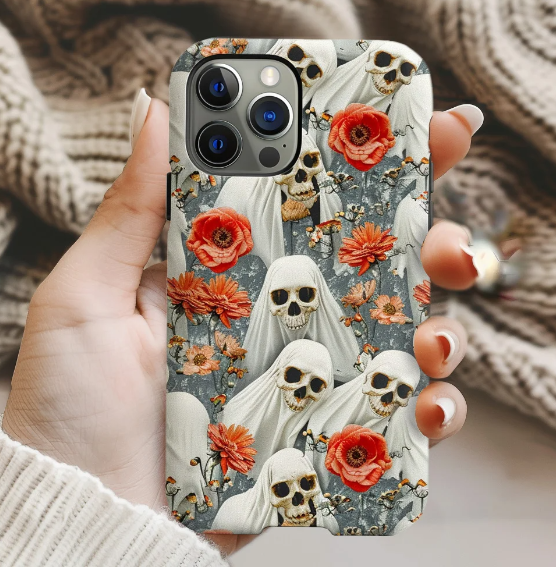 Floral Skull Phone Case, Halloween Cottagecore, iPhone, Pixel, Samsung