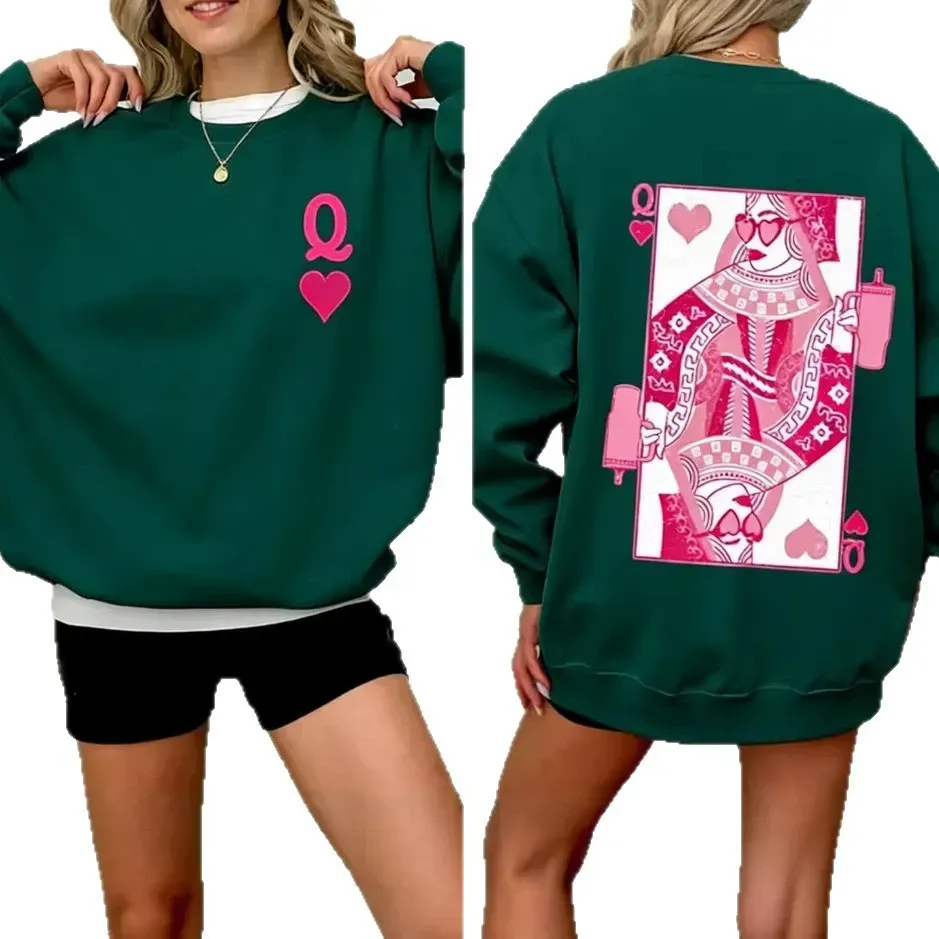 Queen of Hearts Sweatshirt Crew Neck Sweatshirt Women's Casual Long Sleeve Gift For Her - auphotoblanket