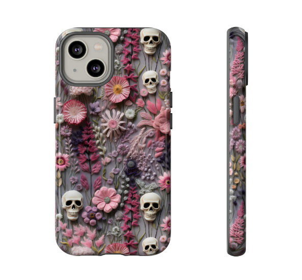 Embroidered Look Floral Skulls Phone Case | Faux Embroidery Dark Academia Skeleton Phone Cover For iPhone | Google Pixel | Samsung Galaxy