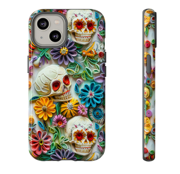 Paper Quilling Floral Skull Phone Case, 3D Faux Paper Gothic Art Design, iPhone 15 14 13 Pro Max Mini, Pixel 8 7, Samsung S24 S23 Plus Ultra