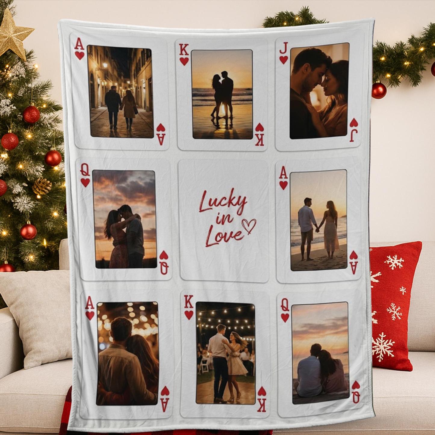 Personalized Playing Cards Fleece Blanket: Custom Photo Red Rose Valentine's Day Anniversary Gift - auphotoblanket