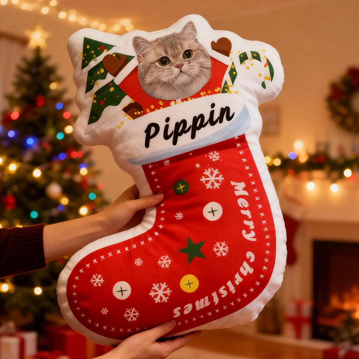 Custom Pet Christmas Stocking Pillow, Personalized Portrait & Name, Pet Face Cushion - auphotoblanket