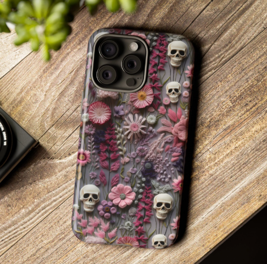 Embroidered Look Floral Skulls Phone Case | Faux Embroidery Dark Academia Skeleton Phone Cover For iPhone | Google Pixel | Samsung Galaxy
