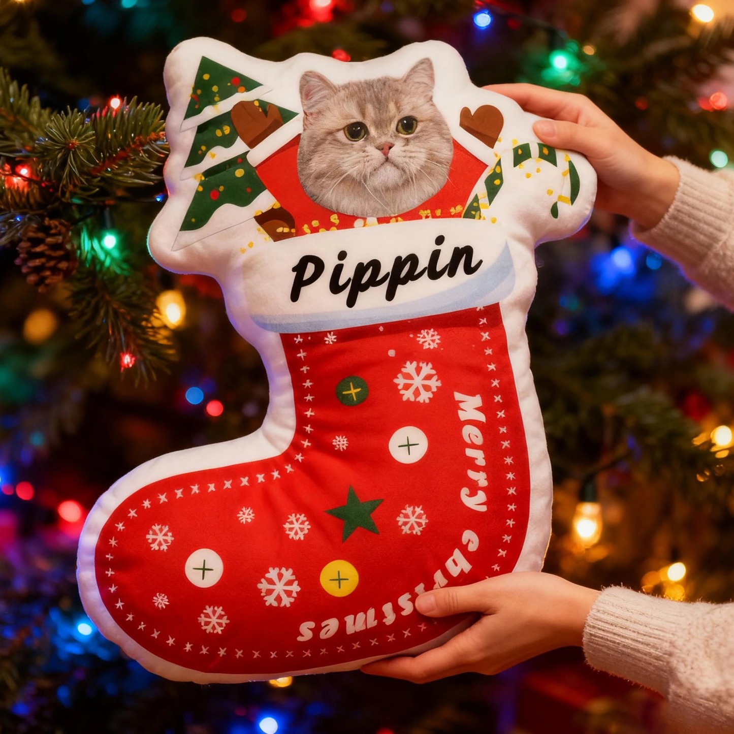 Custom Pet Christmas Stocking Pillow, Personalized Portrait & Name, Pet Face Cushion - auphotoblanket