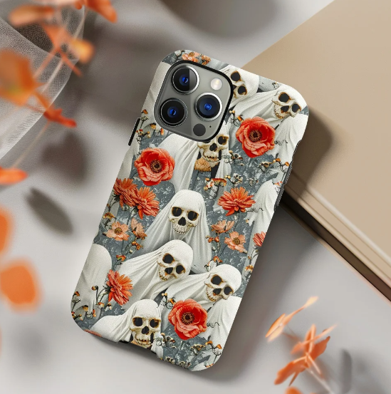 Floral Skull Phone Case, Halloween Cottagecore, iPhone, Pixel, Samsung