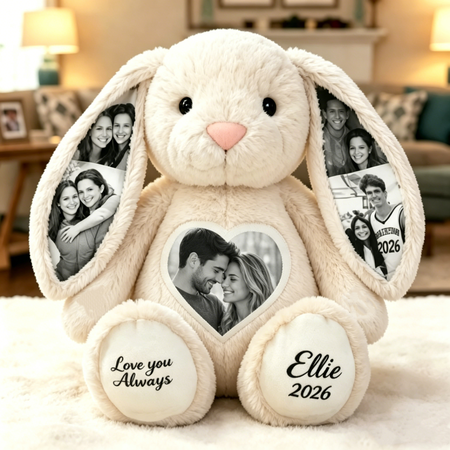 Custom Heart Photo Bunny Plush – Personalized Hidden Ear Picture Bunny Custom Text Anniversary Gift for Couples - MyPhotoSocksAu