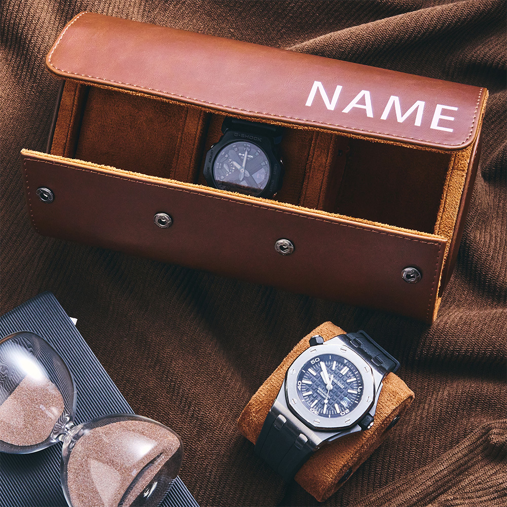 Custom Name Leather Watch Roll Personalized Travel Gift For Men Watch Card Slot Box - MyPhotoSocksAu