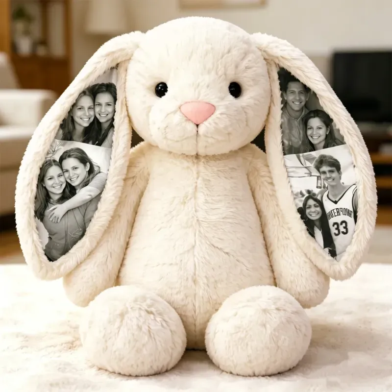 Custom Photo Bunny Plush – Personalized Hidden Ear Picture Bunny Gift for Couples Anniversary Mother's Day Gifts - MyPhotoSocksAu