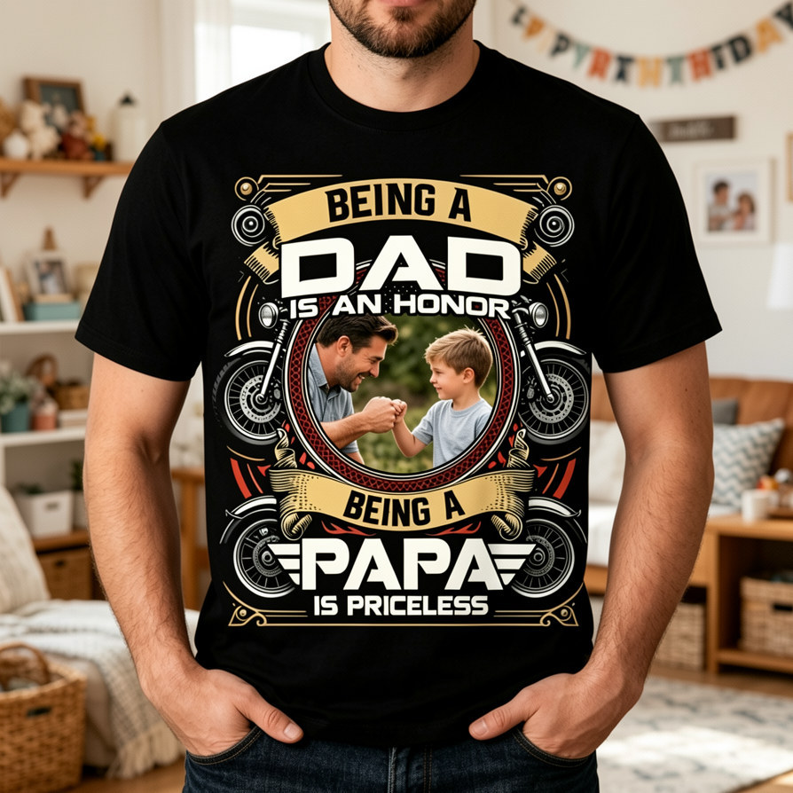 Custom Men's Photo T-Shirt - "Being a Dad is an Honor, Being a Papa is Priceless" - MyPhotoSocksAu