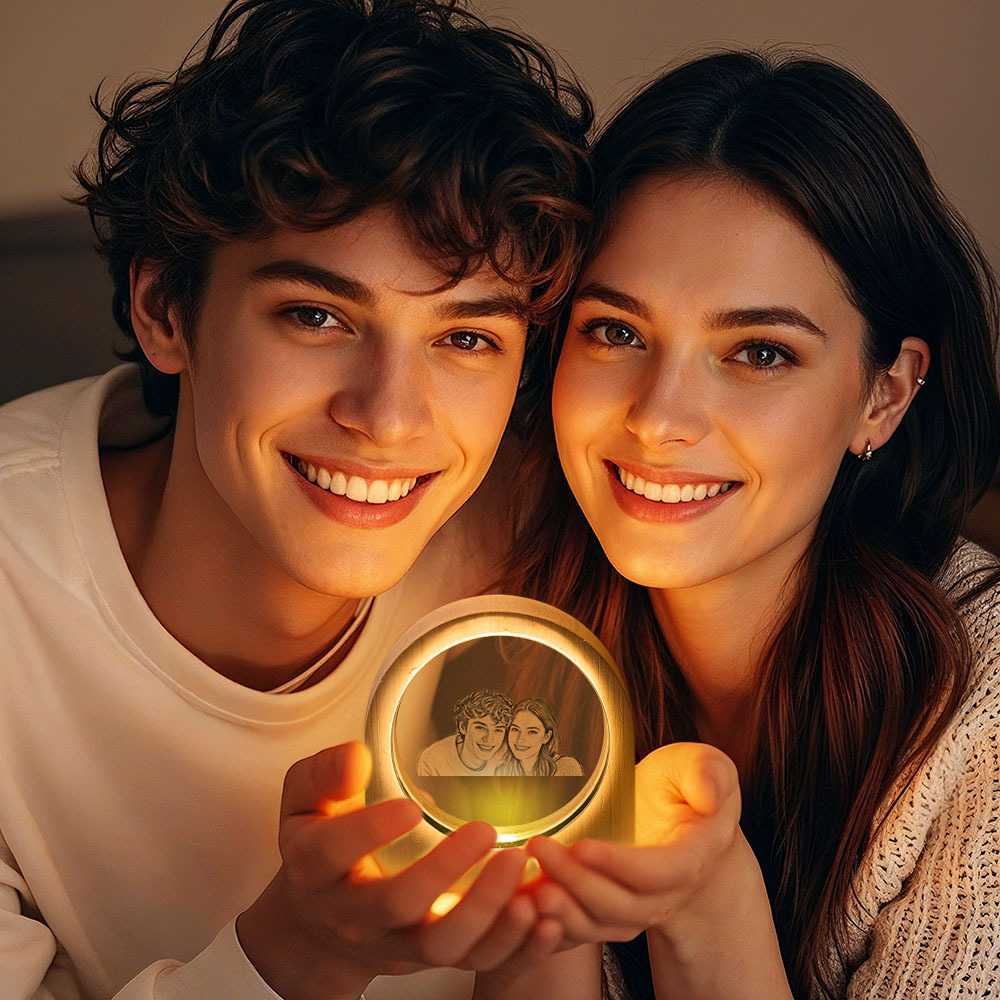 Custom Crystal Picture Photo Glass Night Light - LED Light Wooden Base, Unique Gift for Lover, Pets, Birthday - MyPhotoSocksAu
