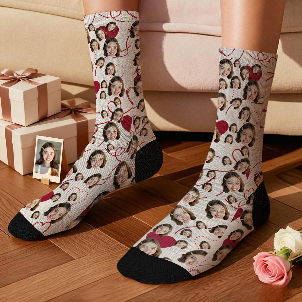 Personalized Face Red Heart Socks Personalized Funny Vlaentine Face Socks Gift - MyPhotoSocksAu