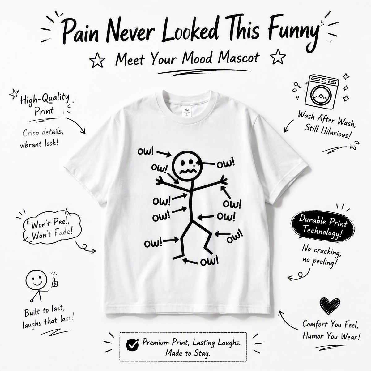 Funny Ow Ow Ow Ow Saying Body Pain Character Humor Sarcastic T-Shirt - MyPhotoSocksAu