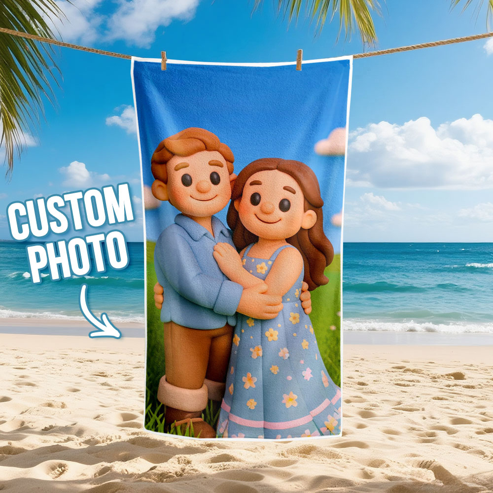 Custom Photo Beach Towel with Cartoon Design Personalized Wedding & Anniversary Gift - MyPhotoSocksAu