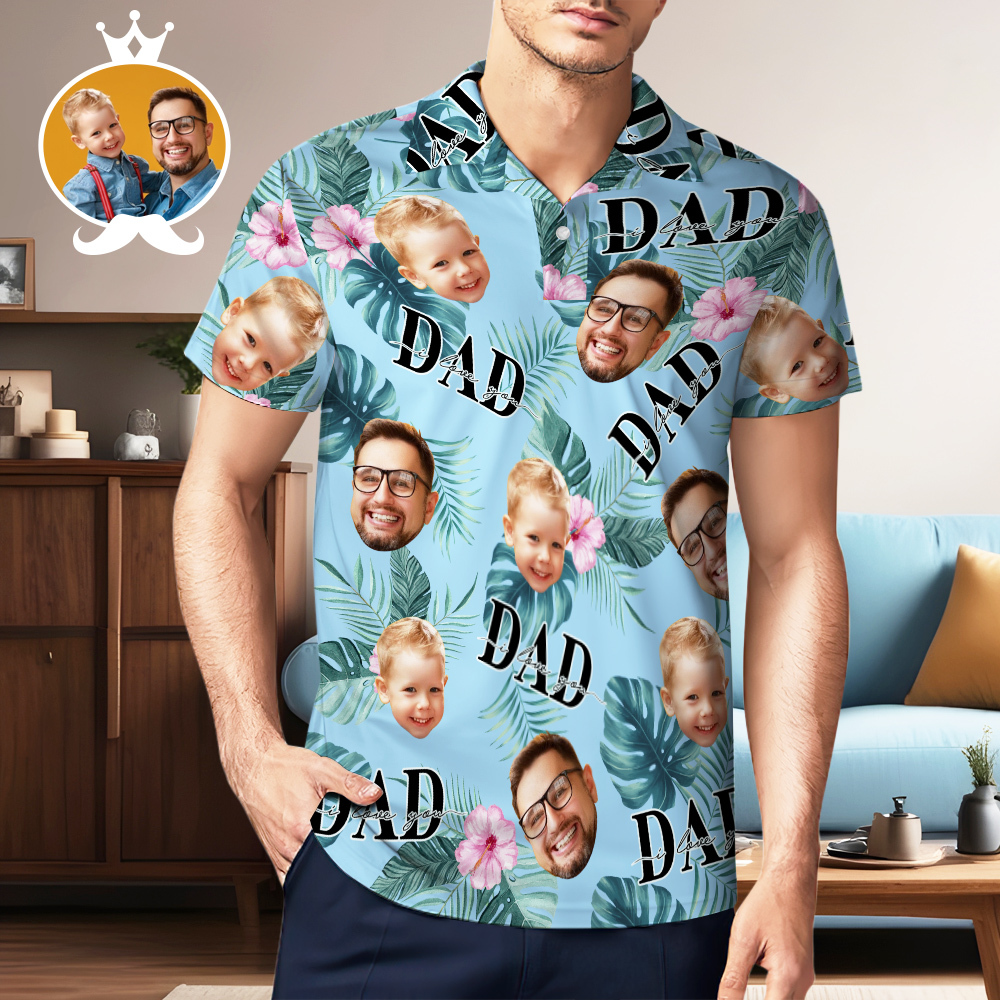 Custom Face Polo Hawaiian Blue Golf Polo Shirt Dad Beard Men's Polo Shirt Fathers Day Gift - MyPhotoSocksAu