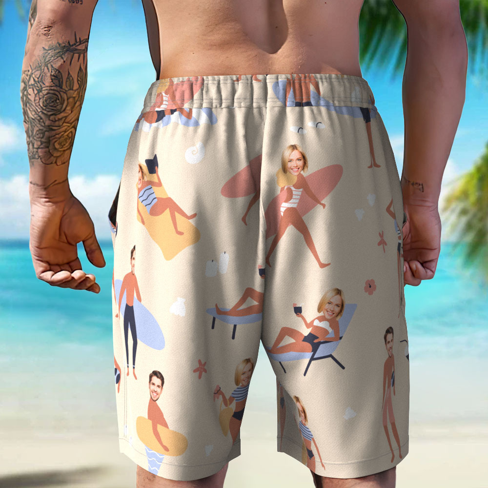 Custom Light Blue Face Mens Swim Trunks Personalized Tropical Swim Shorts Bathing Suit - MyPhotoSocksAu
