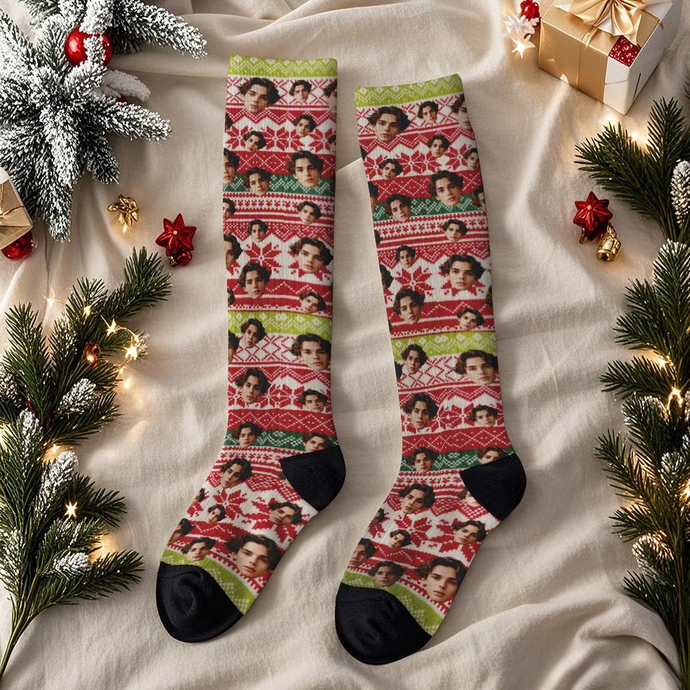 Christmas Gifts Custom Face Knee High Socks Personalized Vintage Warm Socks Merry Christmas for Lover - MyPhotoSocksAu