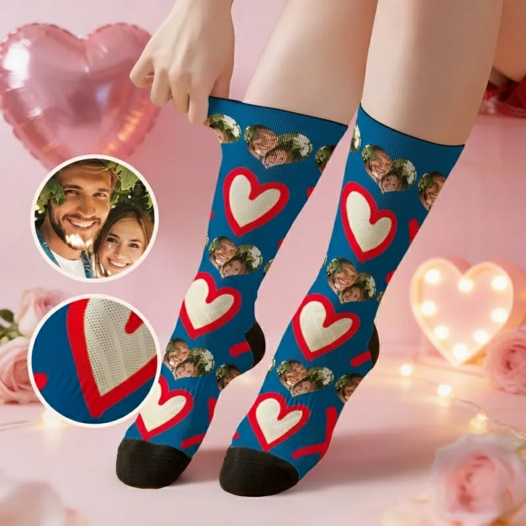 Custom Red Heart Face Socks Personalized Valentine Day Socks with Photo Cute Heart Pattern Couple Gift Idea - MyPhotoSocksAu