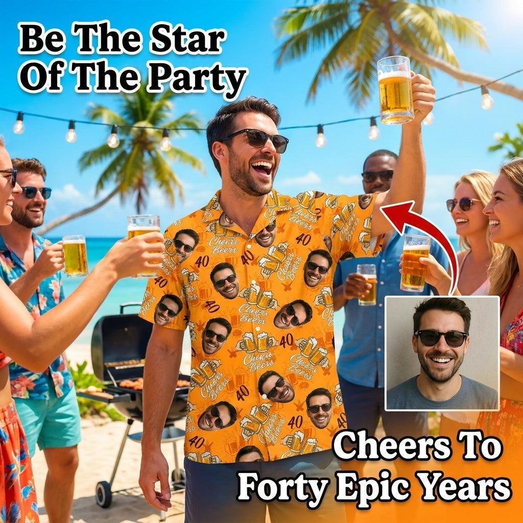 Custom Face Birthday Hawaiian Shirt, Personalized Cheers and Beers Shirt for Men, 40th Birthday Party Shirt with Photo, Gifts for Dad - MyPhotoSocksAu