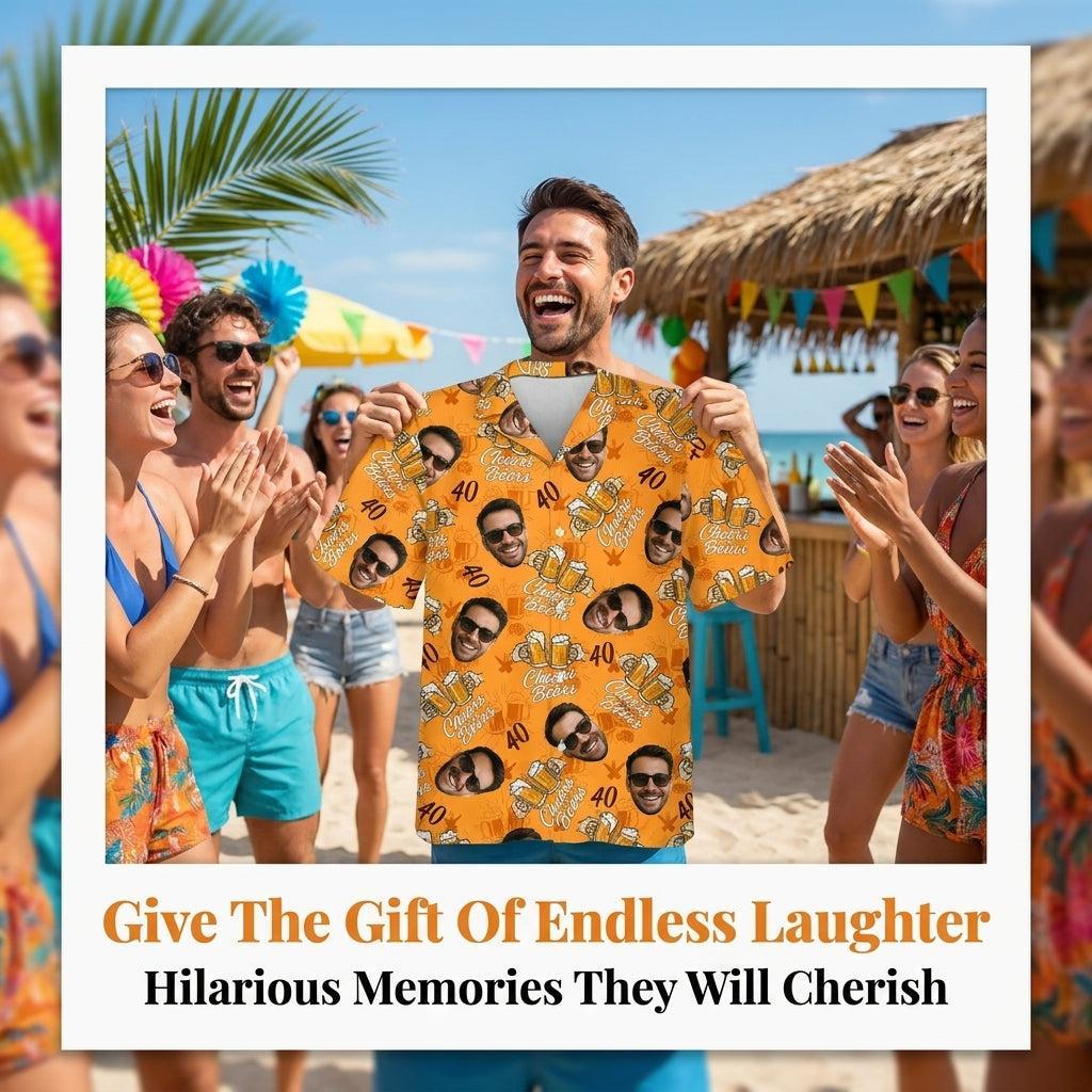 Custom Face Birthday Hawaiian Shirt, Personalized Cheers and Beers Shirt for Men, 40th Birthday Party Shirt with Photo, Gifts for Dad - MyPhotoSocksAu