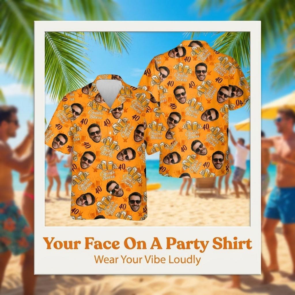 Custom Face Birthday Hawaiian Shirt, Personalized Cheers and Beers Shirt for Men, 40th Birthday Party Shirt with Photo, Gifts for Dad - MyPhotoSocksAu