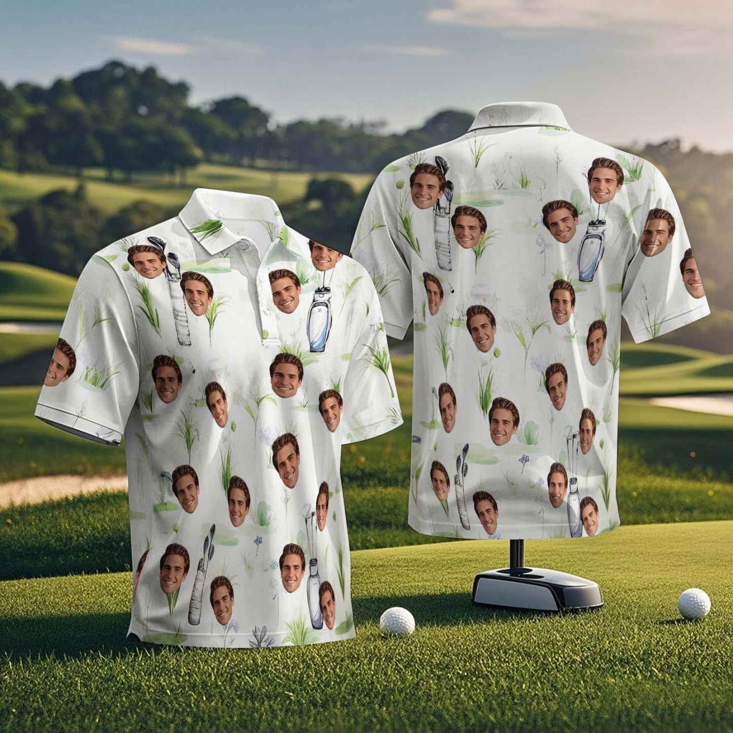 Custom Face Polo Shirt for Golfer Face on Shirt Gifts for Husband Personalized Golf Course Green Short Sleeve Golf Shirt - MyPhotoSocksAu