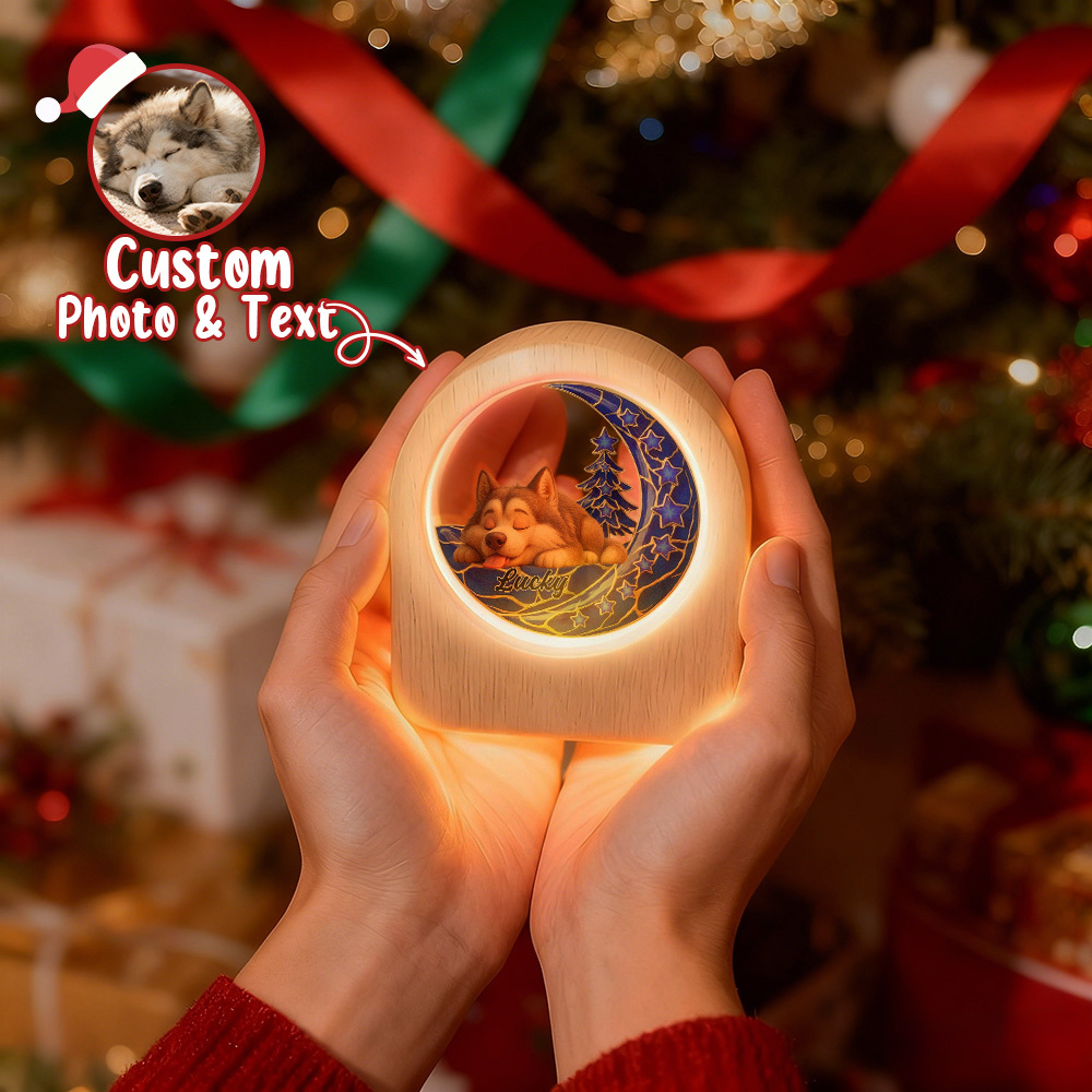 Custom Photo Glass Night Light - Pets LED Light Wooden Base, Unique Gift for Lover, Pets, Birthday - MyPhotoSocksAu