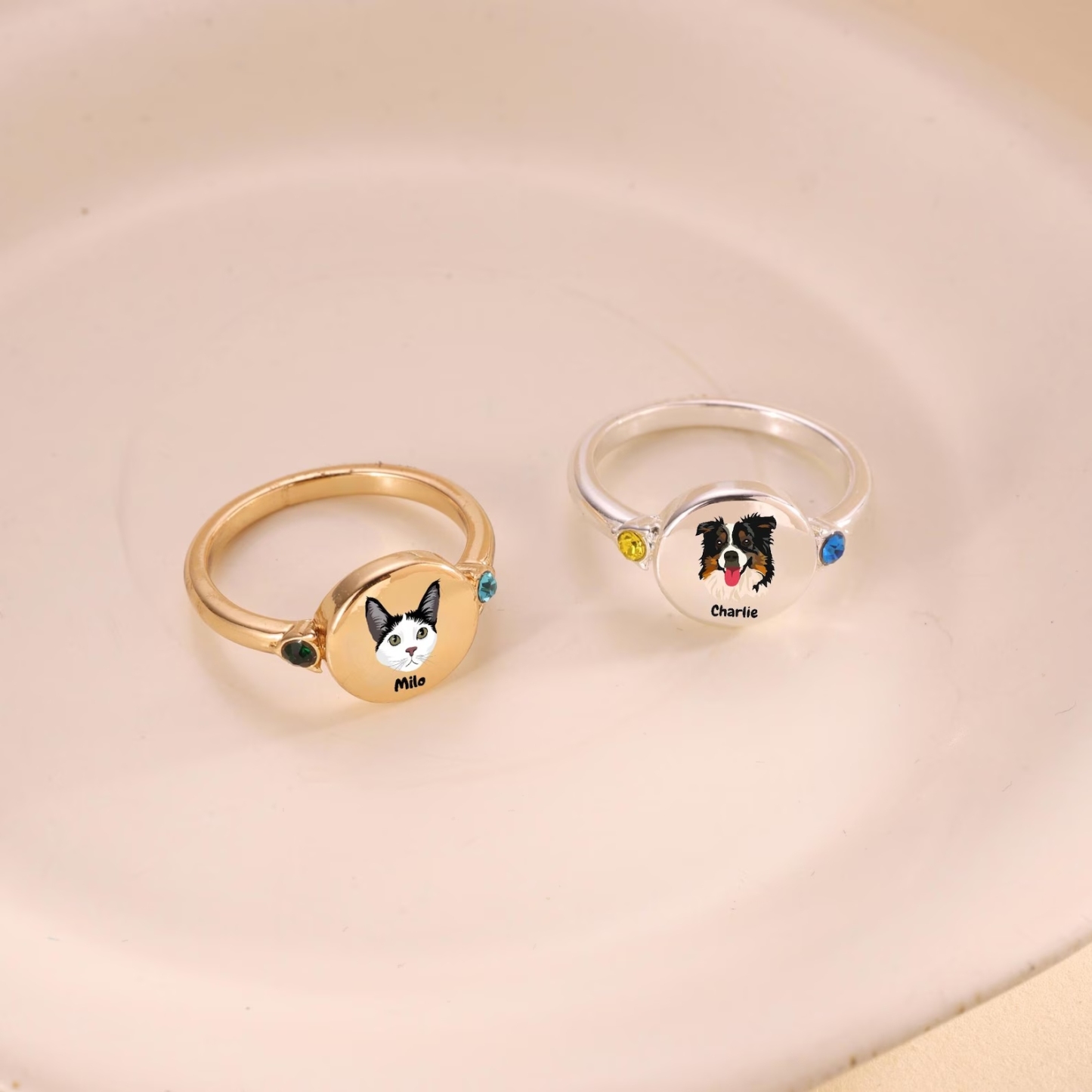 Custom Dog or Cat Ring with Birthstone, Custom Pet Portrait Photo Ring, Dog Cat Memorial Jewelry Gift For Pet Lover, Pet Remembrance, Gift for Her - MyPhotoSocksAu