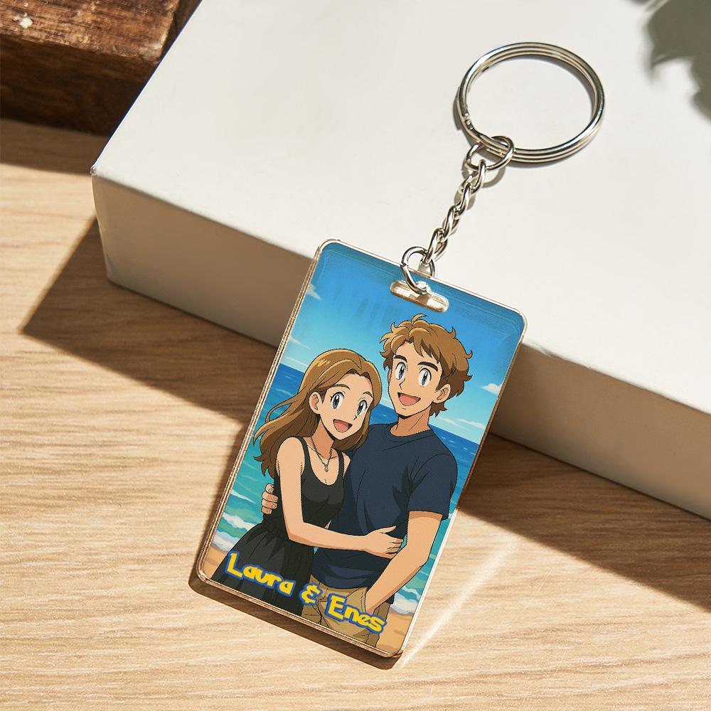Custom Anime Style Couple Keychain �C Personalized Cartoon Gift with Photo & Text Acrylic Keychain Gift - MyPhotoSocksAu