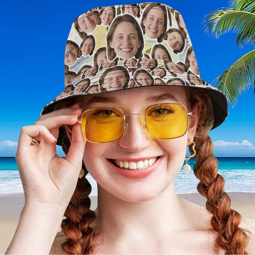 Custom Face Bucket Hat Unisex Face Mash Personalized Outdoor Summer Green Hawaiian Hats Gift - MyPhotoSocksAu