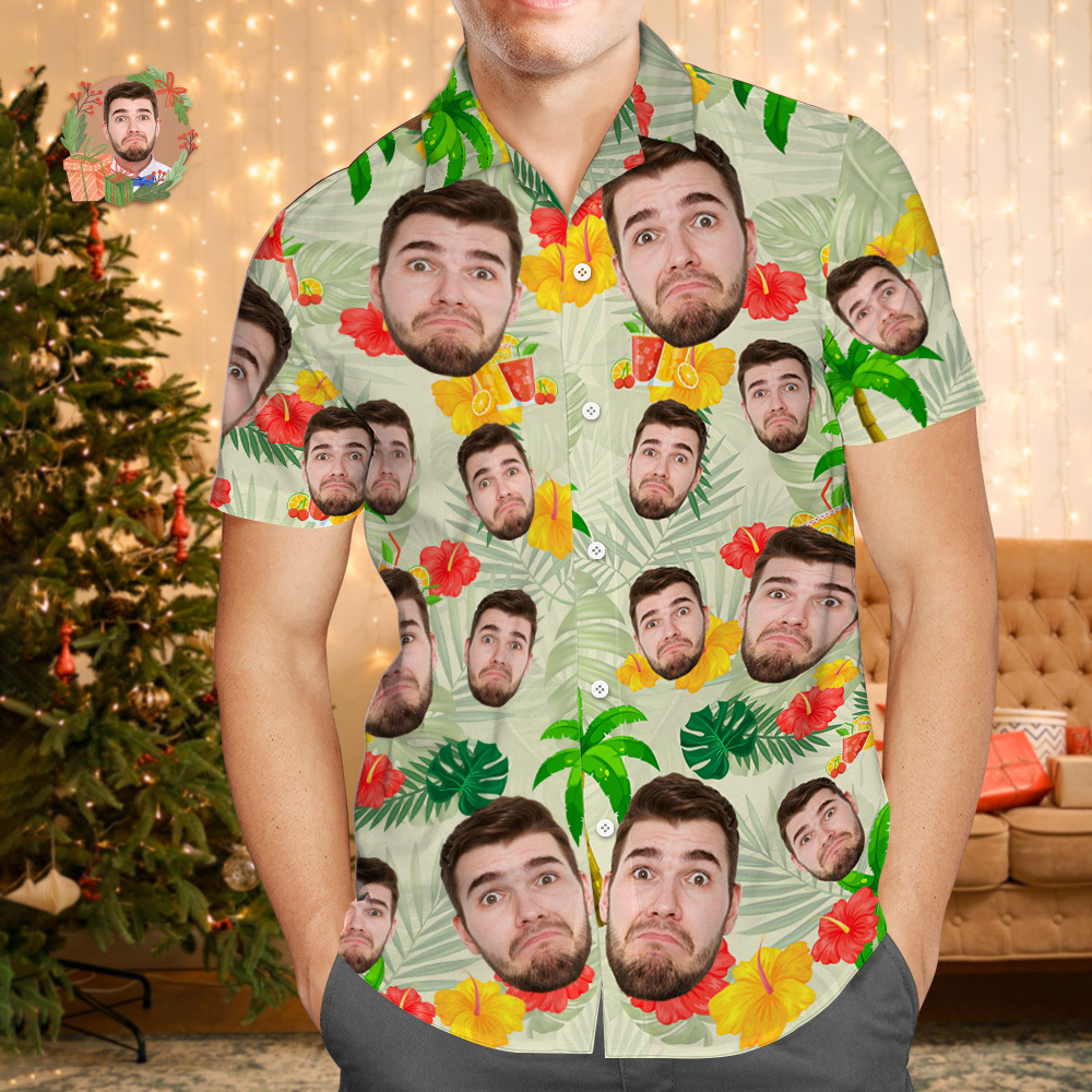 Custom Face Hawaiian Shirt Personalized Flamingo Flowers And Leaves Beach Holiday Christmas Face Hawaiian Shirt - MyPhotoSocksAu