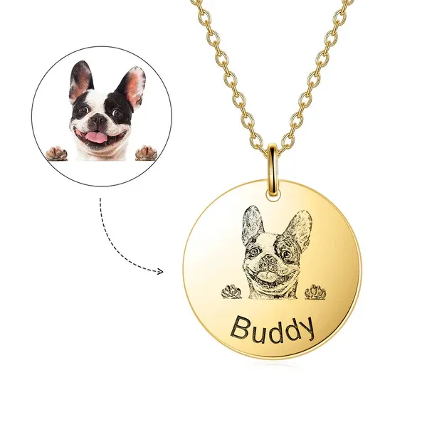 Photo Portrait Necklace with Engraving Round Shape, Custom Portrait Jewelry 14K Gold Plated