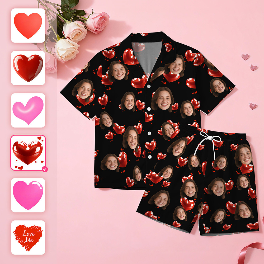 Personalised Face Short Sleeve Pajamas Custom Heart Face Couple Sleepwear Valentine Love Gifts For Him - MyPhotoSocksAu