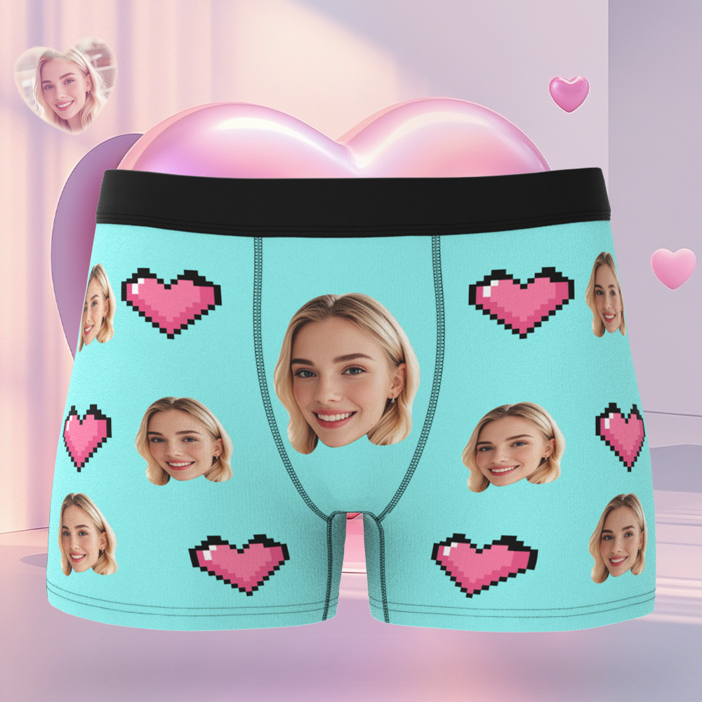 Custom Face Men's Boxer Pink Heart Style Teal Underwear Gifts For Him