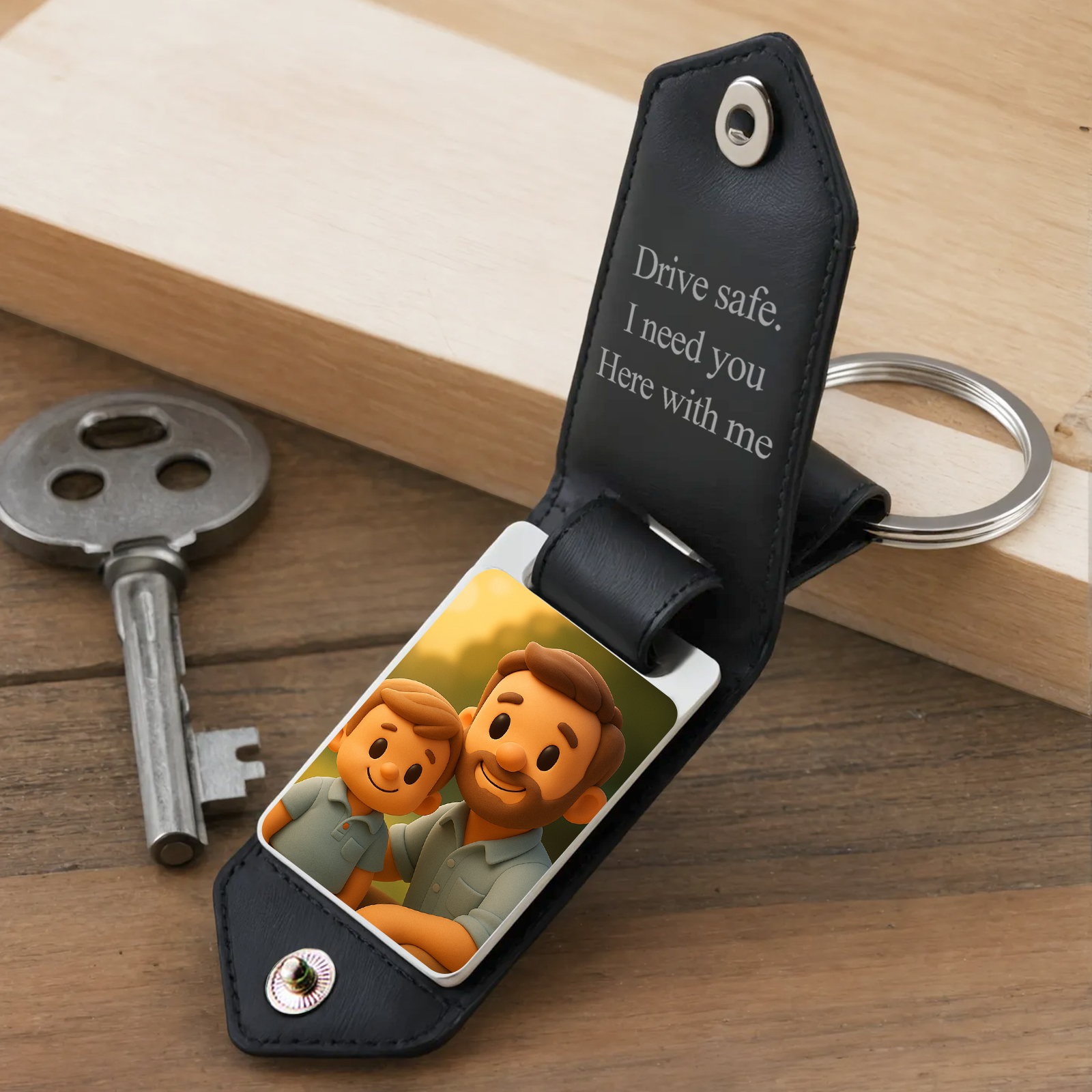 Custom Leather Dad Cartoon Poke Photo Keychain Personalized Engraved Text Commemorative Keychain Fathers Day Gifts