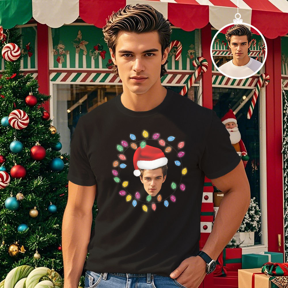 Custom Face Photo T-shirt Santa Christmas Palm Tree Lights Xmas T-Shirt - MyPhotoSocksAu