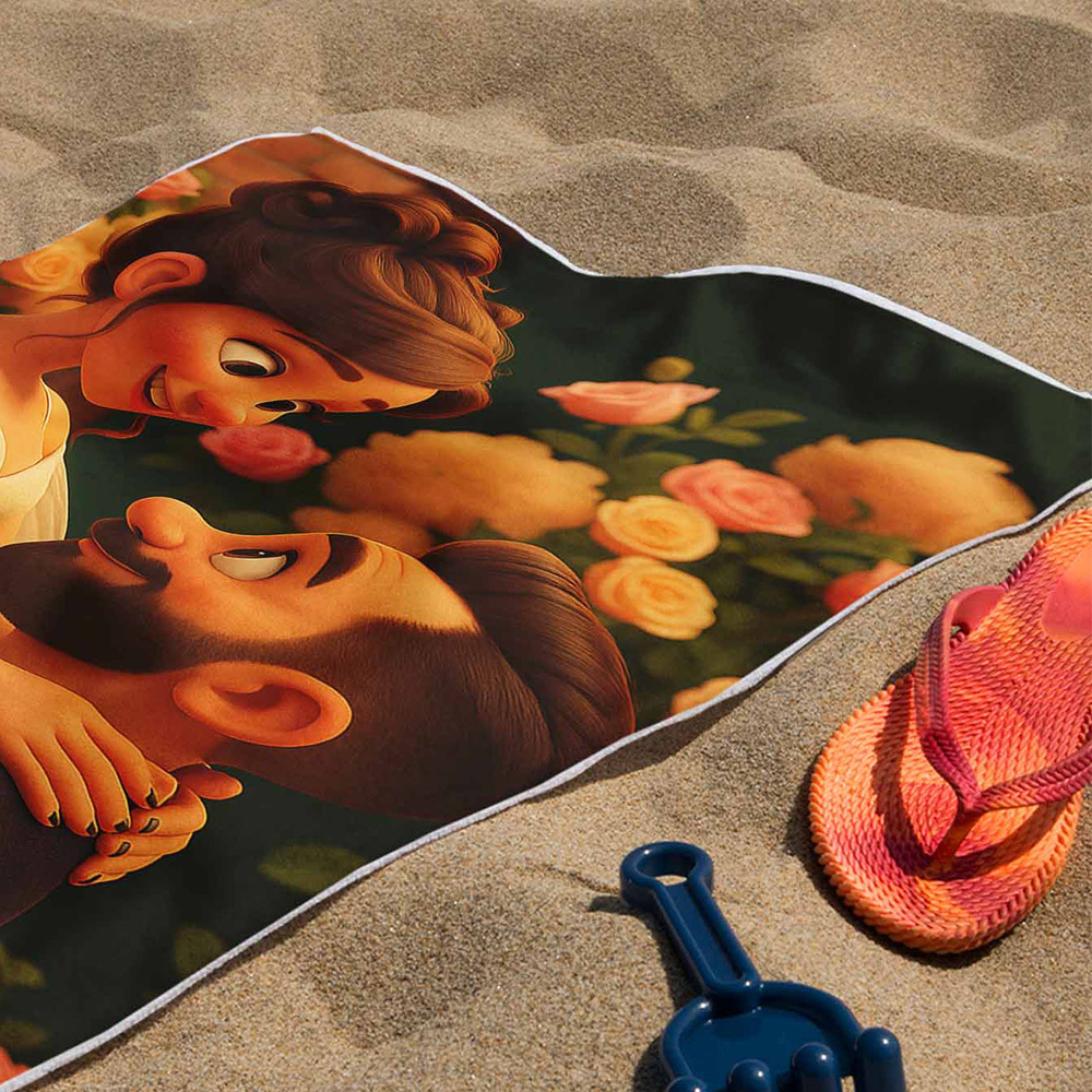Custom Photo Beach Towel with Cartoon Design Personalized Wedding & Anniversary Gift - MyPhotoSocksAu